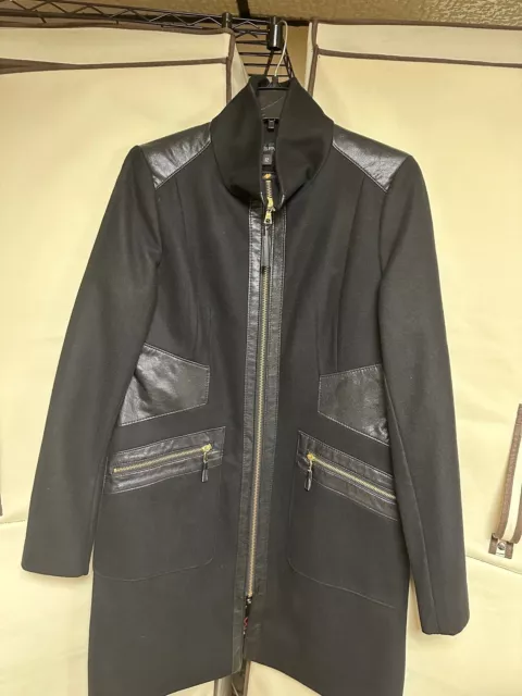 Nwot Via Spiga Wool Coat With Faux Leather Trim, Black Full Zip Size 12