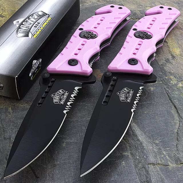 2 x 8" MASTER USA PINK SKULL SPRING ASSISTED TACTICAL FOLDING POCKET KNIFE Open