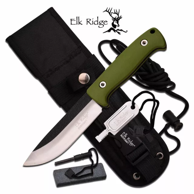 Elk Ridge Bushcraft 10.5" Fixed Blade Knife +Fire Rod +Sharpener+Sheath ER-555GN