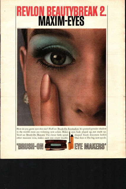 1967 Revlon Makeup Beautybreak Mascara Brush on Eye Shadow Full Page Print Ad