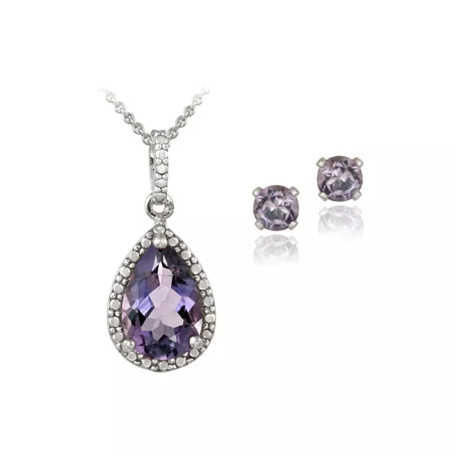 925 Silber 3.25ct Amethyst & Diamant Tropfen Halskette & Ohrringe Set