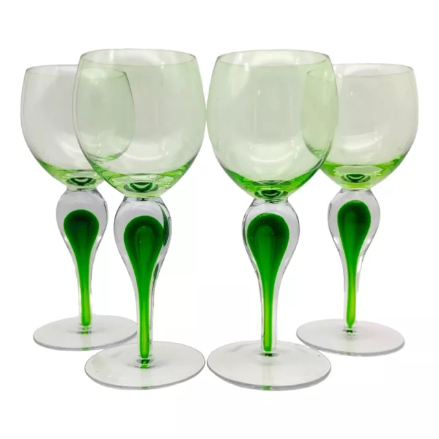 Hand Blown Glass Wine Goblet Set of 4 - 8.5" Green Sommerso Bubble Murano Style