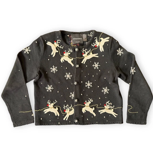 Vintage Michael Simon New York Christmas Cardigan Black Beaded Reindeer Santa