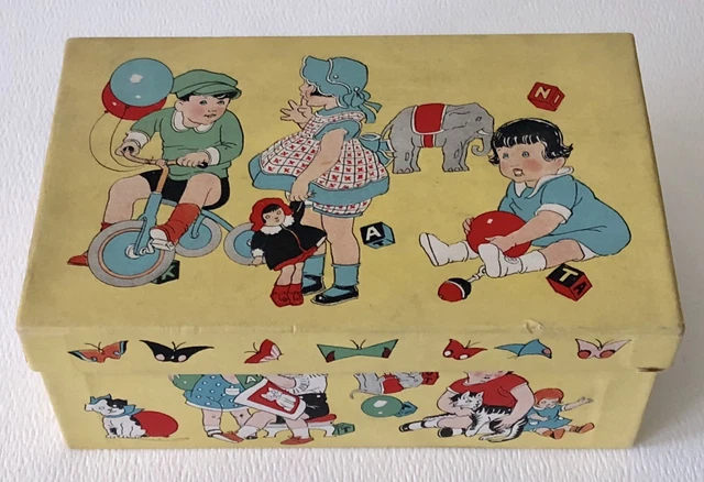 Antique 1940s White Leather Baby Shoes Colorful Children Playing Doll Blocks Box