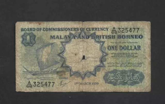 1 Dollar Vg- Banknote From Malaya And British Borneo 1959  Pick-8