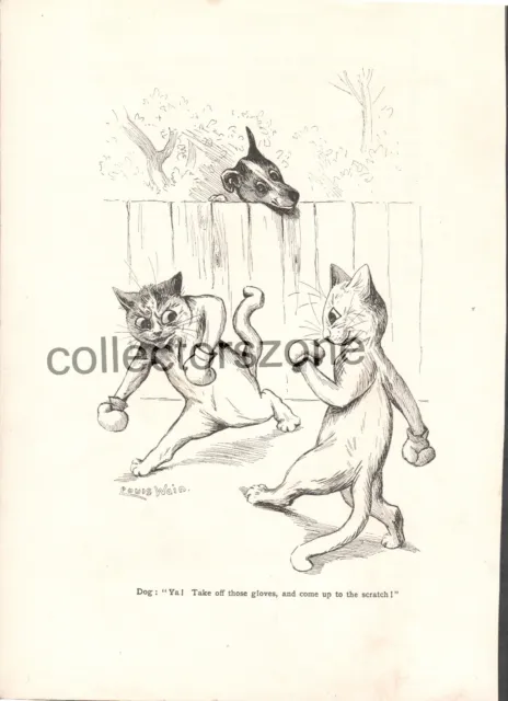 Louis Wain Cats boxing print original Taken From 1909 Louis wain Album 9x7 Inch