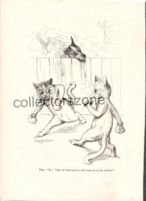 Louis Wain Cats boxing print original Taken From 1909 Louis wain Album 9x7 Inch