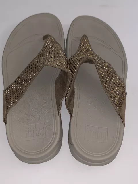 Fitflop Flare Sandals Womens Size 8 Beige Rhinestone Thong Wedge Toe Post Chunky 3