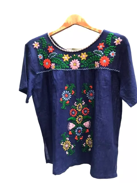 Women's Floral Hand Embroidered Peasant Cotton Blouse - Mexican style