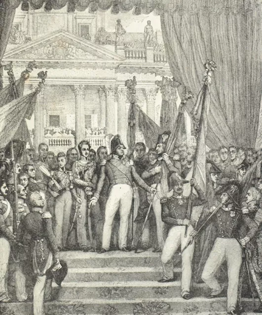 Le roi donne des drapeaux à la garde nationale de Paris 1830 Gravure XIXème