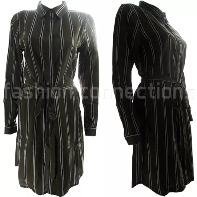Neuf Femmes Rayé Manches Longues Col Bouton Chemise Robe Ceinture Haut Chemisier