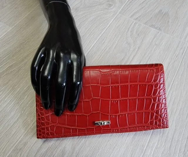 Authentic Longchamp Wallet Roseau Continental Red Croc Embossed Leather
