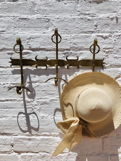 Antique Gold Wrought Iron Coat Hanger Hat Hook Rack French Spanish Country Farm