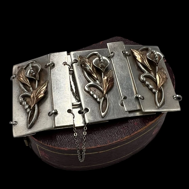 Antico Deco Vintage Argento Sterling Gold Filled Pannello Grande Bracciale 84.6g