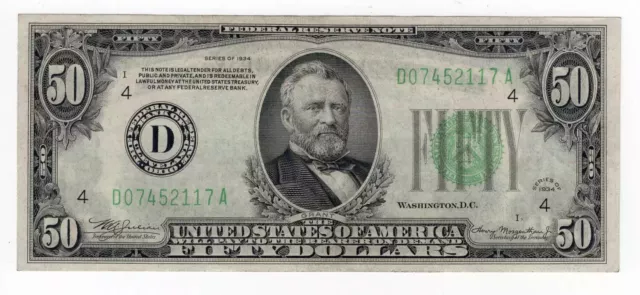 Series 1934 Dark Green Seal $50 Cleveland, OH Federal Reserve Note Very Nice