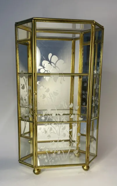 Vintage Brass and Glass Figurine Display Case Curio Collectible Cabinet 10" 80s