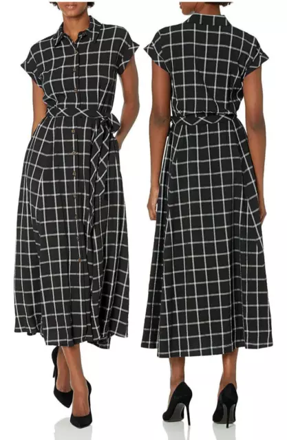 NWT CALVIN KLEIN Gauze Windowpane Midi Shirtdress Belted Short Sleeve Size 12