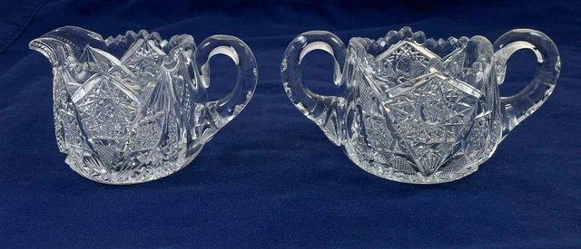 American Brilliant Creamer W/ Sugar Bowl Vintage Sawtooth Cut Crystal Star