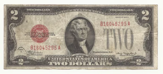 1928-C $2 Two Dollar Bill Red Seal United States Note VG/FINE FREE SHIPPING