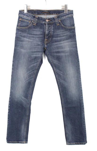 Nudie Grim Tim Org. Twisted Blue Jeans Uomo W31/L32 Affusolato Baffi Bottoni