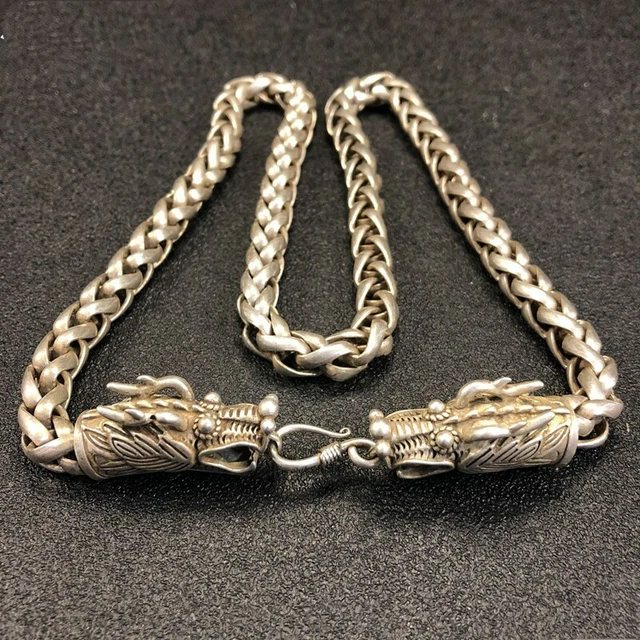 Exquisite Old Chinese tibet silver handmade Double Dragon head Necklace 8024