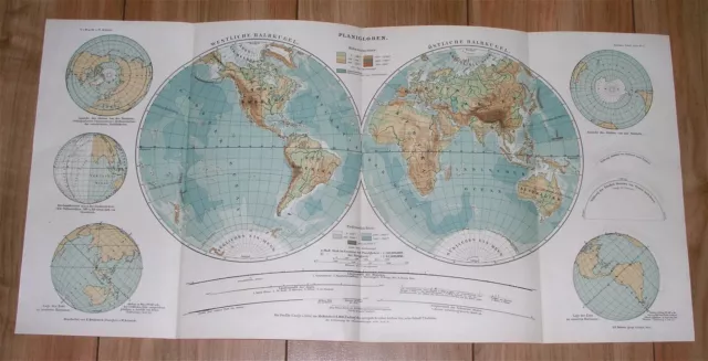 1901 Antique  Map Of The World Globes Hemispheres America Africa Asia Europe