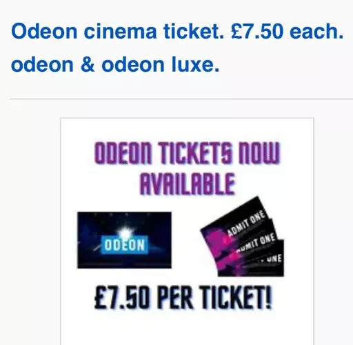 Odeon cinema ticket. £7 each. odeon & odeon luxe. 3D/Isense. **REDUCED** Odeon cinema ticket. £7 each. odeon & odeon luxe. 3D/Isense. **REDUCED**