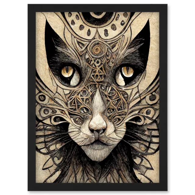 Abstract Cat Face Tribal Textured Mask Framed Wall Art Picture Print A3