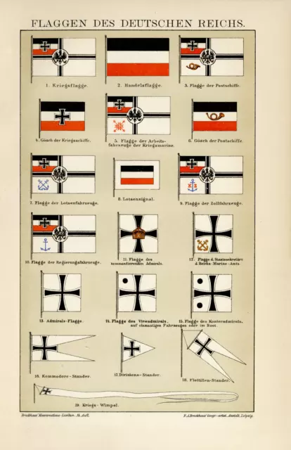 Flaggen Deutsches Reich Marine Kriegsflagge Grafik Chromolithographie ca. 1892