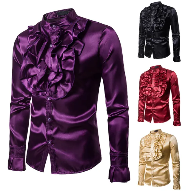 Mens Satin Silk Shirt Slim Long Sleeve Retro Ruffle Victorian Disco Party Shirts