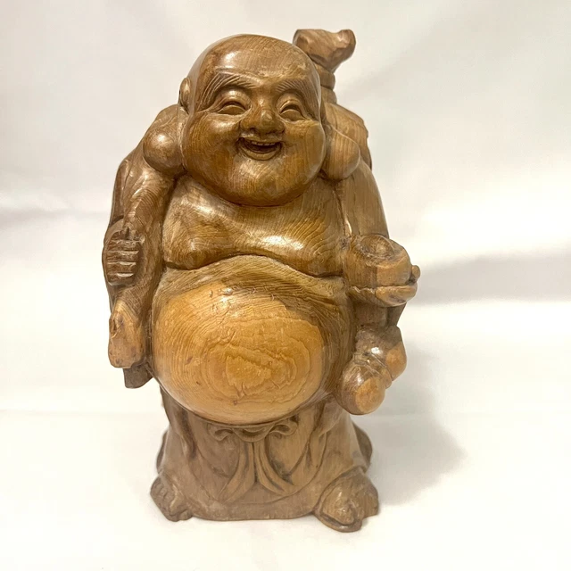 Vintage Chinese Hand Carved Boxwood Happy Laughing Buddha Statue Carrying Bag