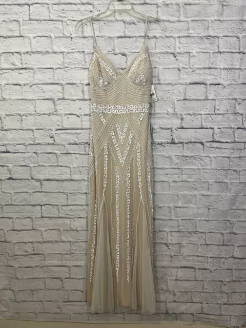 Marina Dress Womens 10 Ivory Nude Sequins Beaded Back Zip V Neck Altered NWT I