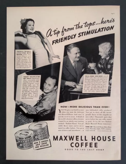 1937 MAXWELL HOUSE COFFEE Friendly Stimulation Good To The Last Drop Print Ad