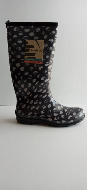 NWT KAMIK Stephanie Rain Boots Womens Size 11 Tall Black/ Grey Polka Dot Print..