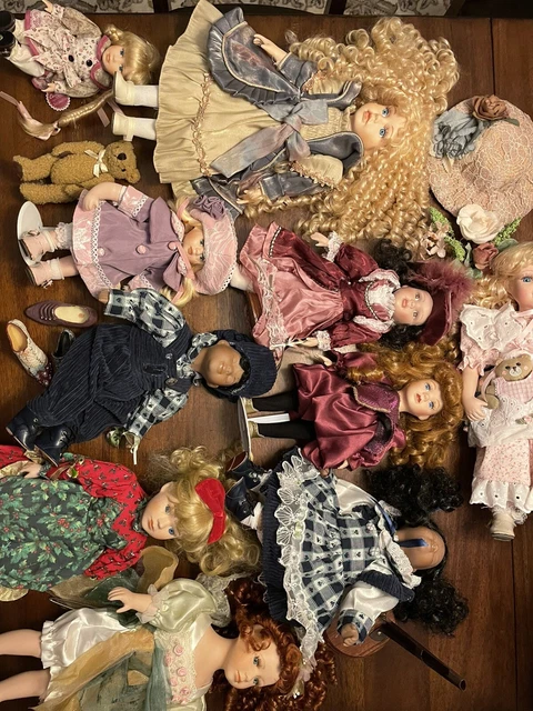 Porcelain Dolls Lot of 10.  By Geppeddo, Dandee, Etc.  Various Heights