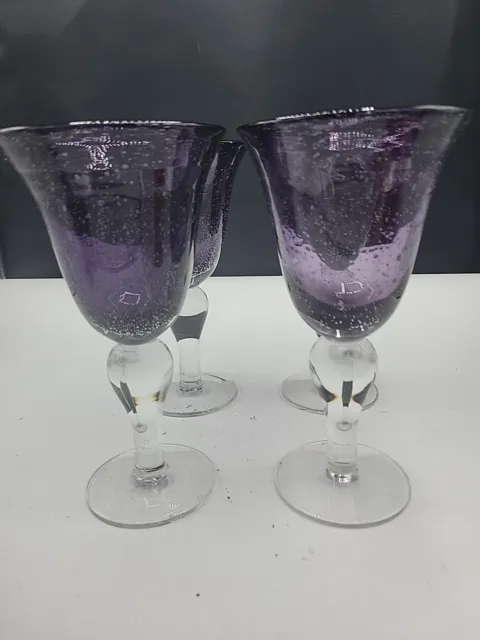 Artland Hand Blown Iris Plum Purple Bubble Glass Goblets Wine Glasses Set of 4