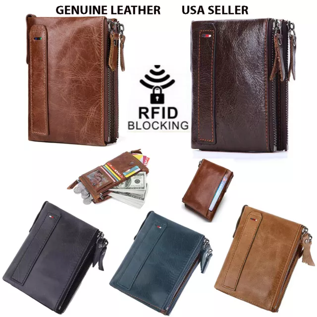 DZ Men's Men Real Genuine Leather RFID Double Zipper Coin Pocket Purse Wallet