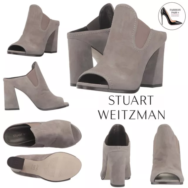 Stuart Weitzman Slideup Topo Gray Leather Suede Open-Toe Mule Heel Pump Sandal 9 2