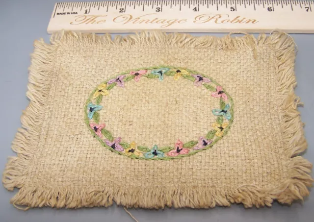 Vintage Miniature Dollhouse Rug Embroidered Flowers 6" by 4-1/2"