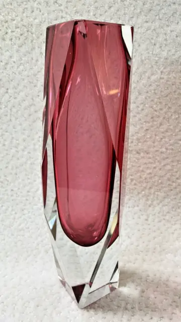 Murano Italian Sommerso Multi Faceted Prism Block Art Glass Vase  Pink- 10-1/4”