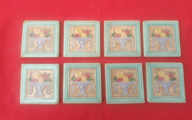 8 Piece Lot Old Art Flower Design Majolica Ceramic Tiles Japan 0088