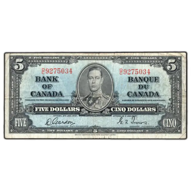 $5 1937 Bank of Canada Note Gordon-Towers O/C Prefix BC-23b