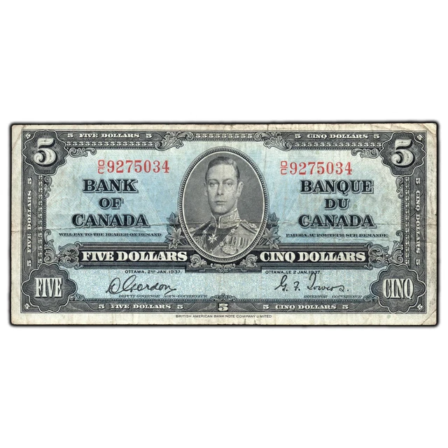 $5 1937 Bank of Canada Note Gordon-Towers O/C Prefix BC-23b