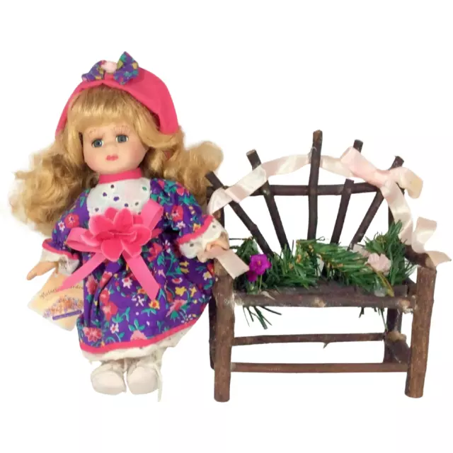 Victoria Garden Miniature Collection Porcelain 9" Doll Stick Floral Ribbon Bench