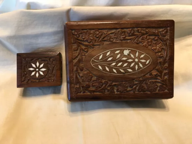 Set 2 diff. sized Floral Hand Crafted Wooden India Boxes w white Inlaid flowers