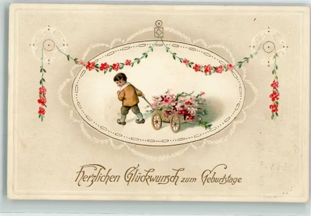 39600500 - Glueckwunsch Jugendstil Kind Blumen Bollerwagen Lithographie