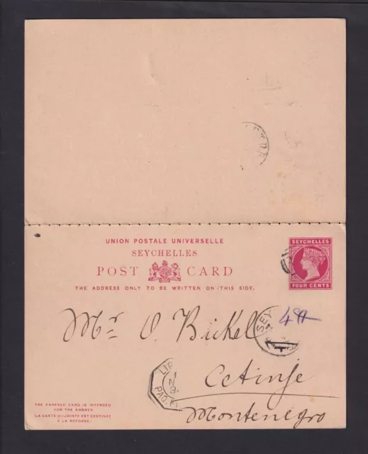1894 - 4 c. doppio intero dalle Seychelles al Montenegro (22111364)