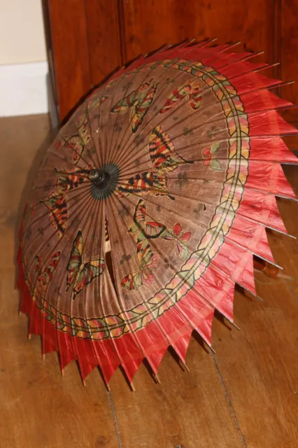 VINTAGE Oriental Chinese Japanese Bamboo Wax Paper Umbrella Parasol DISPLAY