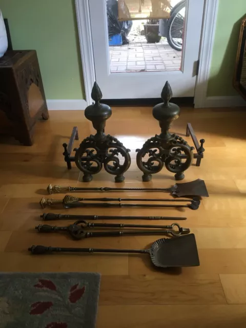 Beautiful Brass Antique Andirons and Fireplace tools. (Lot of 7 pieces).
