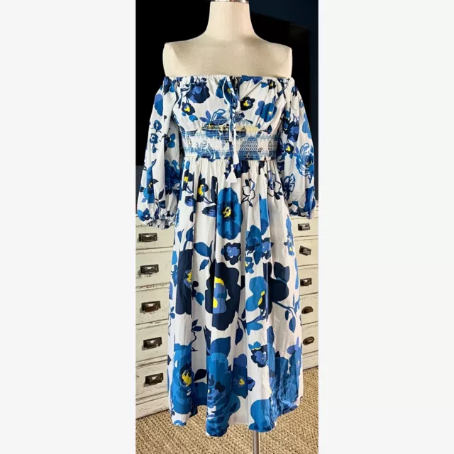 NWT New $260 Anthropologie Tracy Reese Off The Shouler Blue Floral Midi Dress M